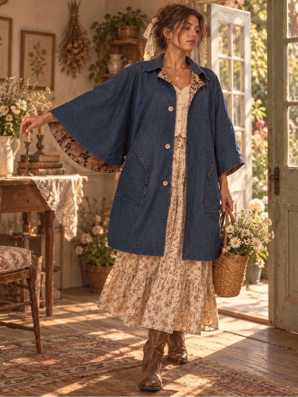 Handmade Denim Cape Coat Floral Lined Art to Wear Boho Oversized Cocoon Jacket